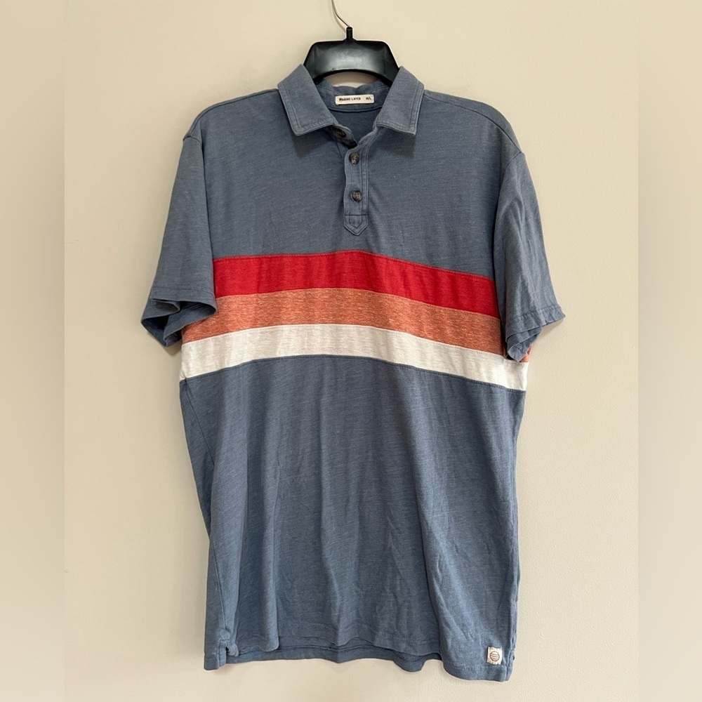 Marine Layer Lucas Polo in Blue-Grey with Color-blocked Stripes, M/L